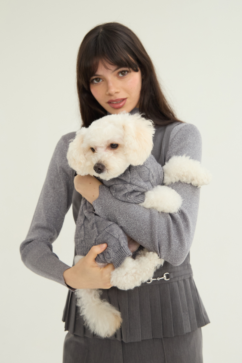 Sweater para perros tejido gris con patrón trenzado y mangas.